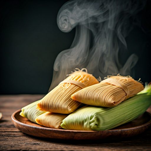 Warm tamales and corn husks in a softly lit kitchen.
