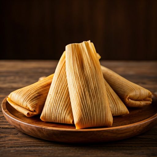 Freshly steamed red pork tamales in corn husks on a rustic wooden platter.
